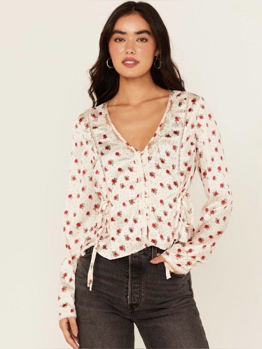 NWT Free People Ditsy Floral Longâ Sleeve Top Medium Lace Button Front Festival